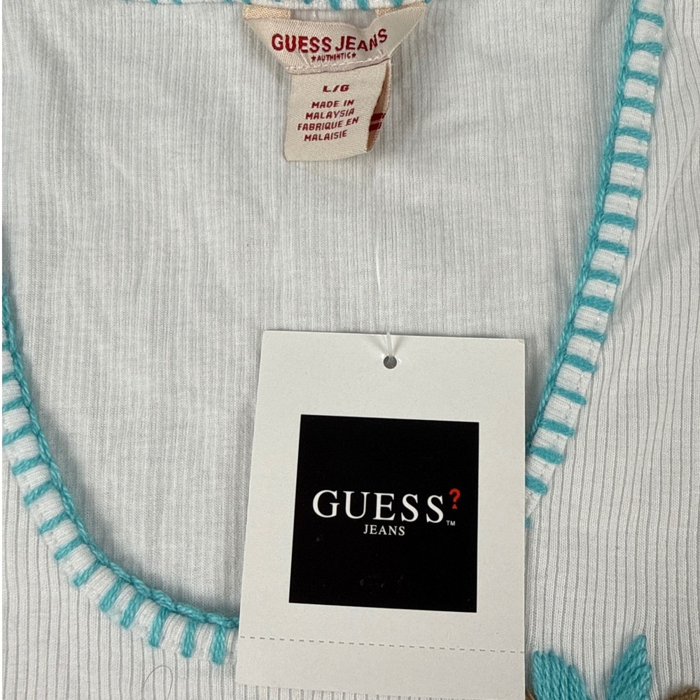 Guess Jeans Women White Ribbed Floral Embroidered Tank Top Lettuce Hem Large NEW - Picture 6 of 7